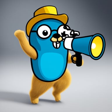 Can you make Go Blue Gopher light blue, speaking through a megaphone?