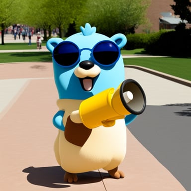 Yes, Go Blue Gopher can be depicted as light blue, speaking through a megaphone.