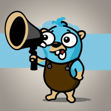 Go Blue Gopher can be depicted as light blue, speaking through a megaphone.