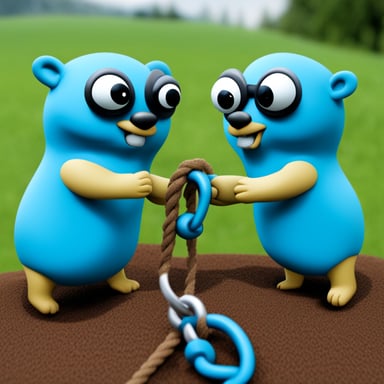 Go Blue Gopher is communicating with another Go Blue Gopher using two cups linked by a rope.