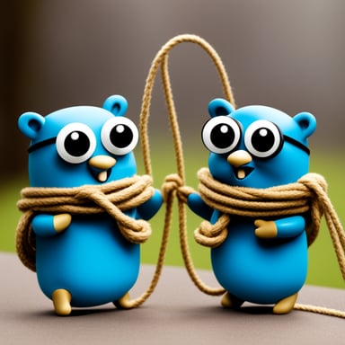 Go Blue Gopher is communicating with another Go Blue Gopher using two cups linked by a rope.