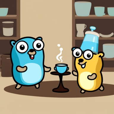 Go Blue Gopher is communicating with another Go Blue Gopher using two cups like children.
