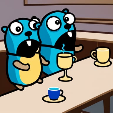 Go Blue Gopher is communicating with another Go Blue Gopher using two cups like children.