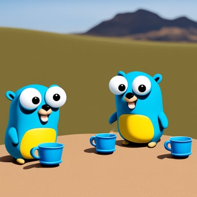 Go Blue Gopher is communicating with another Go Blue Gopher using two cups like children. One Go Blue Gopher is listening from the cup and the other Go Blue Gopher is speaking through the cup.
