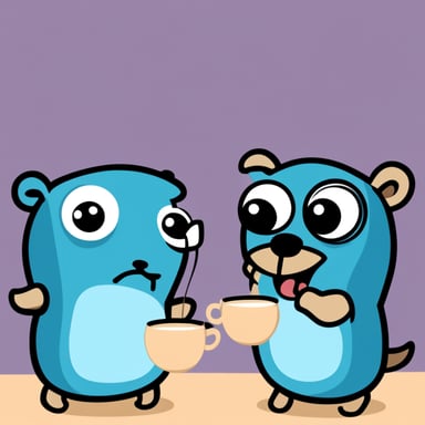 Go Blue Gopher is communicating with another Go Blue Gopher using two cups like children. One Go Blue Gopher is listening from the cup and the other Go Blue Gopher is speaking through the cup.