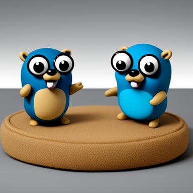 Go Blue Gopher is communicating with another Go Blue Gopher using two cups like children. One Go Blue Gopher is listening from the cup and the other Go Blue Gopher is speaking through the cup.