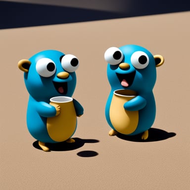 Go Blue Gopher is communicating with another Go Blue Gopher using two cups like children. One Go Blue Gopher is listening from the cup and the other Go Blue Gopher is speaking through the cup.
