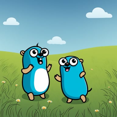 Two cartoon Go Blue Gophers playing with a tin can telephone in a grassy field. These gophers are specially colored bright blue, distinguishing them as the unique mascots of the Go programming language. They're adorably positioned facing each other with a string connecting two tin cans, facilitating their communication. The gopher on the left is animatedly speaking into one can, showcasing an excited expression, while the gopher on the right listens with intense focus, the can pressed eagerly to its ear. The string is perfectly taut, highlighting the connection between them. The overall scene radiates a playful and innocent charm, set against a simple, clean background to accentuate the gophers' interaction. The lighting casts a soft evening glow, adding a serene atmosphere. The preferred art style is a flat cartoon to maintain a charming and approachable aesthetic.