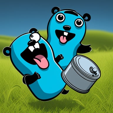 Two cartoon Go Blue Gophers playing with a tin can telephone in a grassy field. These gophers are specially colored bright blue, distinguishing them as the unique mascots of the Go programming language. They're adorably positioned facing each other with a string connecting two tin cans, facilitating their communication. The gopher on the left is animatedly speaking into one can, showcasing an excited expression, while the gopher on the right listens with intense focus, the can pressed eagerly to its ear. The string is perfectly taut, highlighting the connection between them. The overall scene radiates a playful and innocent charm, set against a simple, clean background to accentuate the gophers' interaction. The lighting casts a soft evening glow, adding a serene atmosphere. The preferred art style is a flat cartoon to maintain a charming and approachable aesthetic.