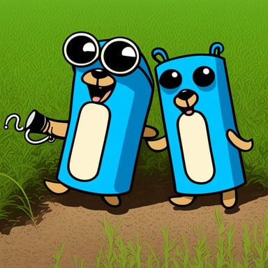 Two cartoon Go Blue Gophers playing with a tin can telephone in a grassy field. These gophers are specially colored bright blue, distinguishing them as the unique mascots of the Go programming language. They're adorably positioned facing each other with a string connecting two tin cans, facilitating their communication. The gopher on the left is animatedly speaking into one can, showcasing an excited expression, while the gopher on the right listens with intense focus, the can pressed eagerly to its ear. The string is perfectly taut, highlighting the connection between them. The overall scene radiates a playful and innocent charm, set against a simple, clean background to accentuate the gophers' interaction. The lighting casts a soft evening glow, adding a serene atmosphere. The preferred art style is a flat cartoon to maintain a charming and approachable aesthetic.
