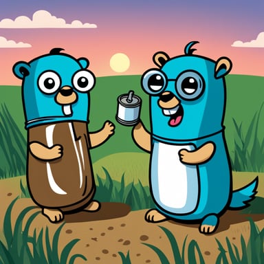 Two cartoon Go Blue Gophers playing with a tin can telephone in a grassy field. These gophers are specially colored bright blue, distinguishing them as the unique mascots of the Go programming language. They're adorably positioned facing each other with a string connecting two tin cans, facilitating their communication. The gopher on the left is animatedly speaking into one can, showcasing an excited expression, while the gopher on the right listens with intense focus, the can pressed eagerly to its ear. The string is perfectly taut, highlighting the connection between them. The overall scene radiates a playful and innocent charm, set against a simple, clean background to accentuate the gophers' interaction. The lighting casts a soft evening glow, adding a serene atmosphere. The preferred art style is a flat cartoon to maintain a charming and approachable aesthetic.