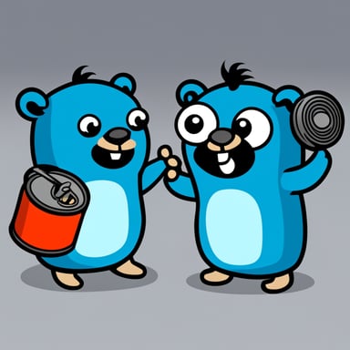 Two cartoon Go Blue Gophers playing with a tin can telephone. The Go Blue Gophers are cute mascots, colored bright blue. They're sitting facing each other with a string connecting two tin cans between them. The left Go Blue Gopher is speaking into one can with an excited expression, while the right Go Blue Gopher is listening intently with the other can pressed to its ear. The string between the cans is taut. The scene has a playful, childlike quality with a clean background to emphasize the characters.