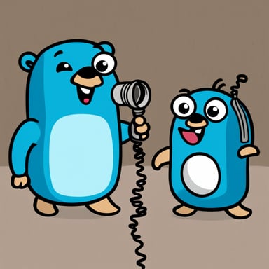 Two cartoon Go Blue Gophers playing with a tin can telephone. The Go Blue Gophers are cute mascots, colored bright blue. They're sitting facing each other with a string connecting two tin cans between them. The left Go Blue Gopher is speaking into one can with an excited expression, while the right Go Blue Gopher is listening intently with the other can pressed to its ear. The string between the cans is taut. The scene has a playful, childlike quality with a clean background to emphasize the characters.