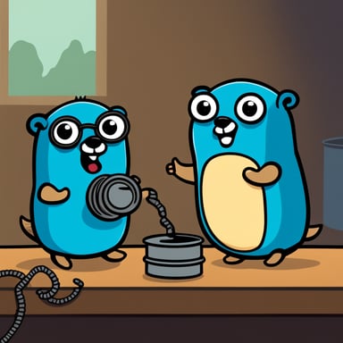 Two cartoon Go Blue Gophers playing with a tin can telephone. The Go Blue Gophers are cute mascots, colored bright blue. They're sitting facing each other with a string connecting two tin cans between them. The left Go Blue Gopher is speaking into one can with an excited expression, while the right Go Blue Gopher is listening intently with the other can pressed to its ear. The string between the cans is taut. The scene has a playful, childlike quality with a clean background to emphasize the characters.