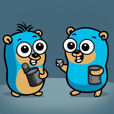 Two cartoon Go Blue Gophers playing with a tin can telephone. The Go Blue Gophers are cute mascots, colored bright blue. They're sitting facing each other with a string connecting two tin cans between them. The left Go Blue Gopher is speaking into one can with an excited expression, while the right Go Blue Gopher is listening intently with the other can pressed to its ear. The string between the cans is taut. The scene has a playful, childlike quality with a clean background to emphasize the characters.