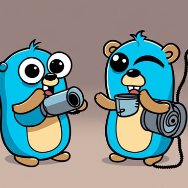 Two cartoon Go Blue Gophers are playing with a tin can telephone. They're cute mascots, colored bright blue. They're sitting facing each other with a string connecting two tin cans between them. The left Go Blue Gopher is speaking into one can with an excited expression, while the right Go Blue Gopher is listening intently with the other can pressed to its ear. The string between the cans is taut. The scene has a playful, childlike quality with a clean background to emphasize the characters.
