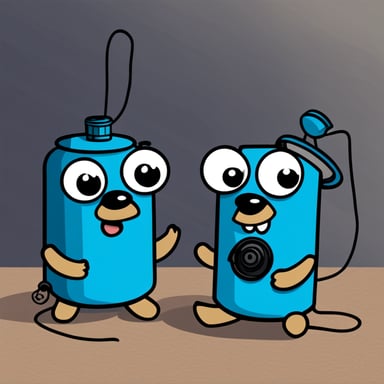 Two cartoon Go Blue Gophers are playing with a tin can telephone. They're cute mascots, colored bright blue. They're sitting facing each other with a string connecting two tin cans between them. The left Go Blue Gopher is speaking into one can with an excited expression, while the right Go Blue Gopher is listening intently with the other can pressed to its ear. The string between the cans is taut. The scene has a playful, childlike quality with a clean background to emphasize the characters.