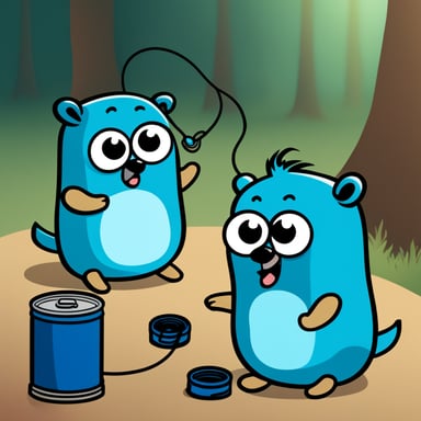 Two cartoon Go Blue Gophers are playing with a tin can telephone. They're cute mascots, colored bright blue. They're sitting facing each other with a string connecting two tin cans between them. The left Go Blue Gopher is speaking into one can with an excited expression, while the right Go Blue Gopher is listening intently with the other can pressed to its ear. The string between the cans is taut. The scene has a playful, childlike quality with a clean background to emphasize the characters.