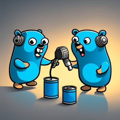 Two cartoon Go Blue Gophers are playing with a tin can telephone. They're cute mascots, colored bright blue. They're sitting facing each other with a string connecting two tin cans between them. The left Go Blue Gopher is speaking into one can with an excited expression, while the right Go Blue Gopher is listening intently with the other can pressed to its ear. The string between the cans is taut. The scene has a playful, childlike quality with a clean background to emphasize the characters.