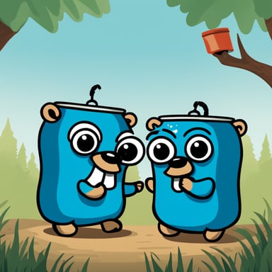 Two Go Blue Gophers playing with a tin can telephone. The Go Blue Gophers, bright blue mascots, are sitting facing each other, a string connecting two tin cans between them. The left Go Blue Gopher speaks into one can excitedly, while the right Go Blue Gopher listens intently with the other can at its ear. The string is taut, highlighting a playful, childlike scene against a clean background to emphasize the characters.