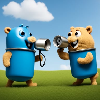 Two Go Blue Gophers playing with a tin can telephone. The Go Blue Gophers, bright blue mascots, are sitting facing each other, a string connecting two tin cans between them. The left Go Blue Gopher speaks into one can excitedly, while the right Go Blue Gopher listens intently with the other can at its ear. The string is taut, highlighting a playful, childlike scene against a clean background to emphasize the characters.