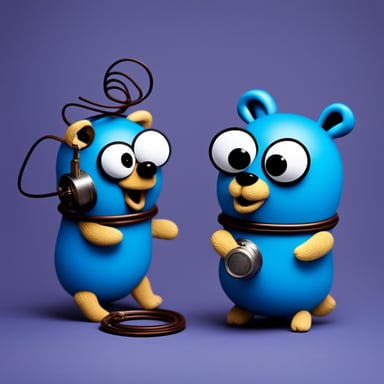 Two Go Blue Gophers playing with a tin can telephone. The Go Blue Gophers, bright blue mascots, are sitting facing each other, a string connecting two tin cans between them. The left Go Blue Gopher speaks into one can excitedly, while the right Go Blue Gopher listens intently with the other can at its ear. The string is taut, highlighting a playful, childlike scene against a clean background to emphasize the characters.