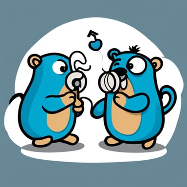 Two Go Blue Gophers playing with a tin can telephone. The Go Blue Gophers, bright blue mascots, are sitting facing each other, a string connecting two tin cans between them. The left Go Blue Gopher speaks into one can excitedly, while the right Go Blue Gopher listens intently with the other can at its ear. The string is taut, highlighting a playful, childlike scene against a clean background to emphasize the characters.