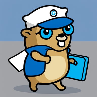 A blue Go Blue Gopher wearing a mail carrier's cap, carrying an envelope in one hand and a smartphone in the other.