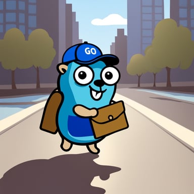 A blue Go Blue Gopher wearing a mail carrier's cap, carrying an envelope in one hand and a smartphone in the other.