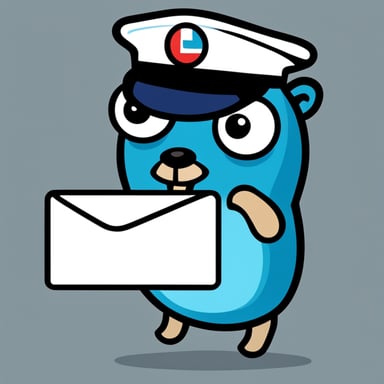 A blue Go Blue Gopher wearing a mail carrier's cap, carrying an envelope in one hand and a smartphone in the other.