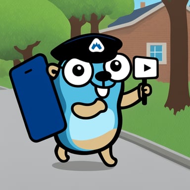 A blue Go Blue Gopher wearing a mail carrier's cap, carrying an envelope in one hand and a smartphone in the other.