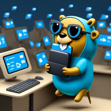 Go Blue Gopher sitting at a control panel with screens showing email and SMS icons flying to their destinations.