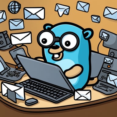 Go Blue Gopher sits at a control panel, managing a flurry of email and SMS icons as they zoom off to their destinations.