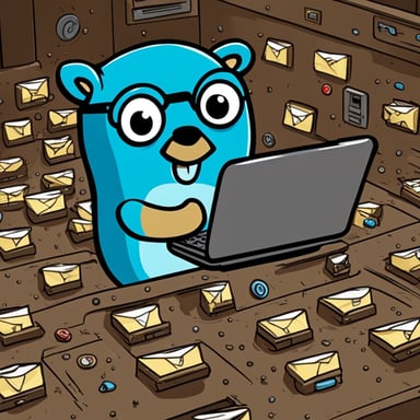 Go Blue Gopher sits at a control panel, managing a flurry of email and SMS icons as they zoom off to their destinations.
