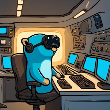 Go Blue Gopher sits at a control panel, intently watching as email and SMS icons zoom towards their destinations on the screens before him.