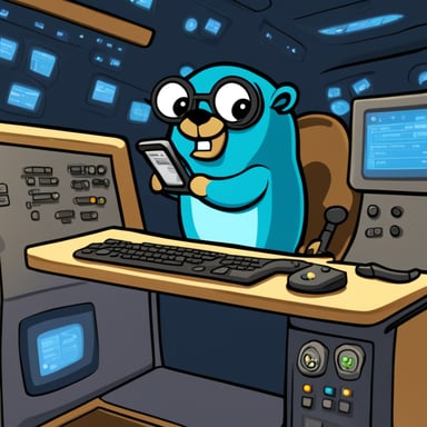 Go Blue Gopher sits at a control panel, intently watching as email and SMS icons zoom towards their destinations on the screens before him.