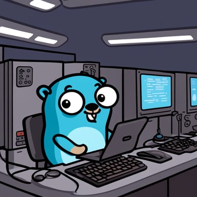 Go Blue Gopher sits at a control panel, intently watching as email and SMS icons zoom towards their destinations on the screens before him.