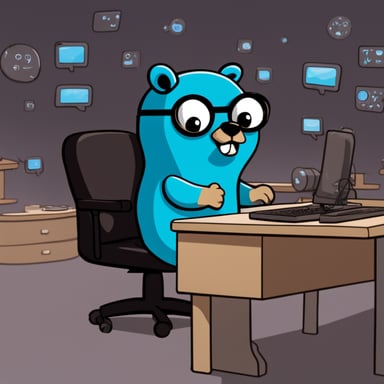 Go Blue Gopher sits at a control panel, intently watching as email and SMS icons zoom towards their destinations on the screens before him.