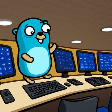 Go Blue Gopher sitting at a control panel with screens showing email and SMS icons flying to their destinations.