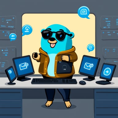 Go Blue Gopher sitting at a control panel with screens showing email and SMS icons flying to their destinations.