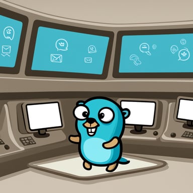 Go Blue Gopher sitting at a control panel with screens showing email and SMS icons flying to their destinations.