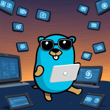Go Blue Gopher sitting at a control panel with screens showing email and SMS icons flying to their destinations.