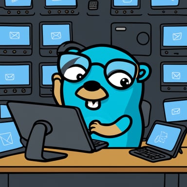 Go Blue Gopher sitting at a control panel with screens showing email and SMS icons flying to their destinations.