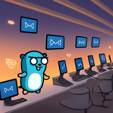 Go Blue Gopher sits at a control panel, monitoring screens as email and SMS icons fly towards their destinations.
