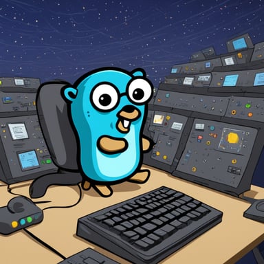 Go Blue Gopher sits at a control panel, monitoring screens as email and SMS icons fly towards their destinations.