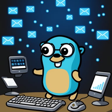 Go Blue Gopher sits at a control panel, monitoring screens as email and SMS icons fly towards their destinations.