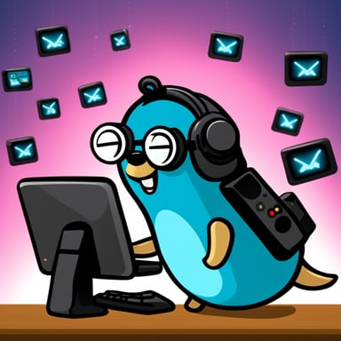 Go Blue Gopher sits at a control panel, monitoring screens as email and SMS icons fly towards their destinations.