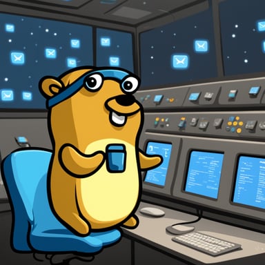 Go Blue Gopher sitting at a control panel with screens showing email and SMS icons flying to their destinations.