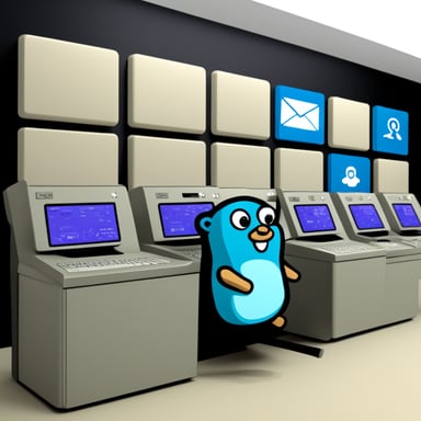Go Blue Gopher is sitting at a control panel with screens showing email and SMS icons flying to their destinations.