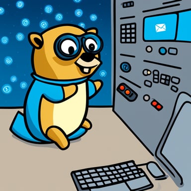 Go Blue Gopher sitting at a control panel with screens showing email and SMS icons flying to their destinations.